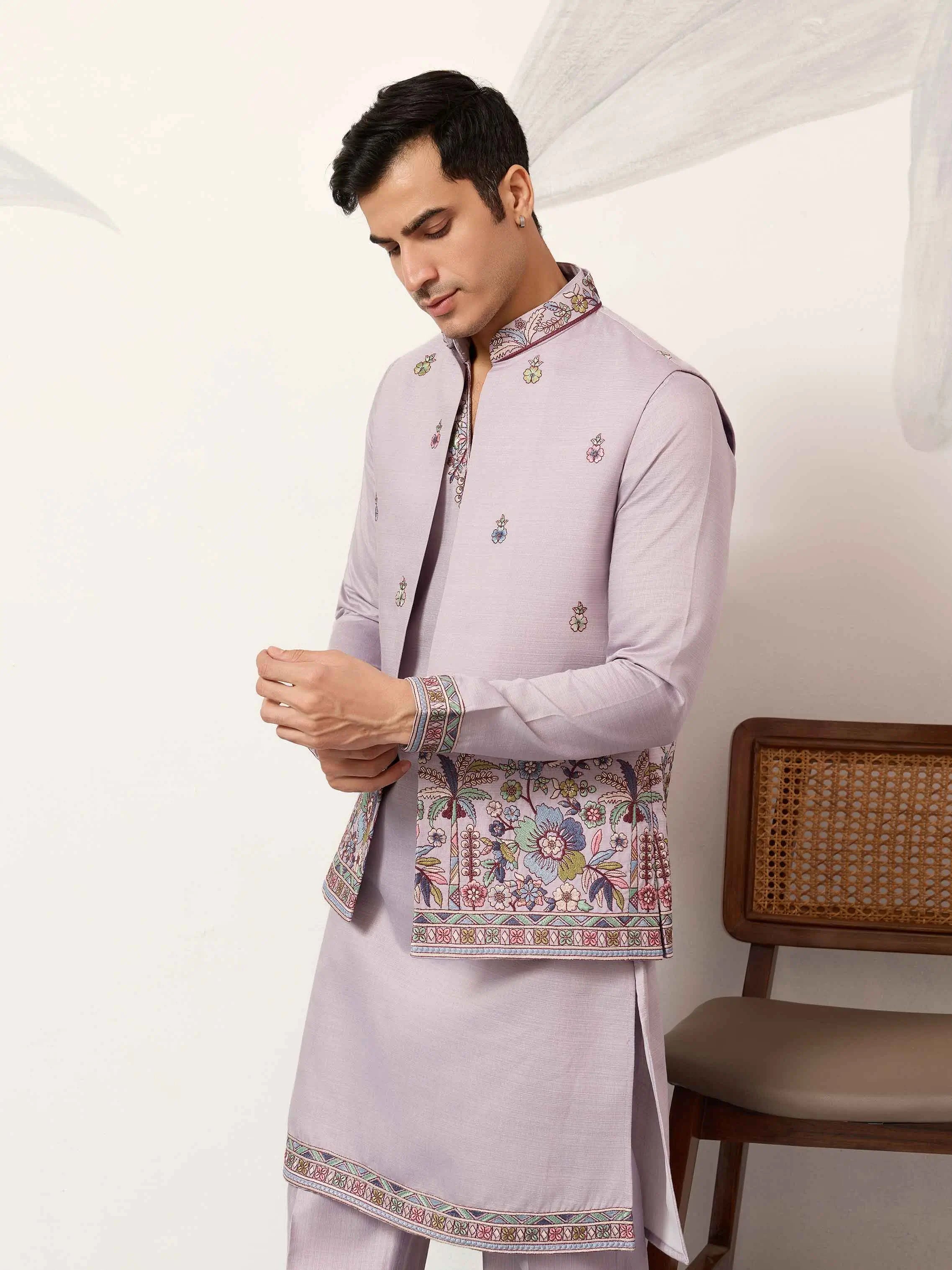Oyster Pink Kurta Set With Embroidered Koti