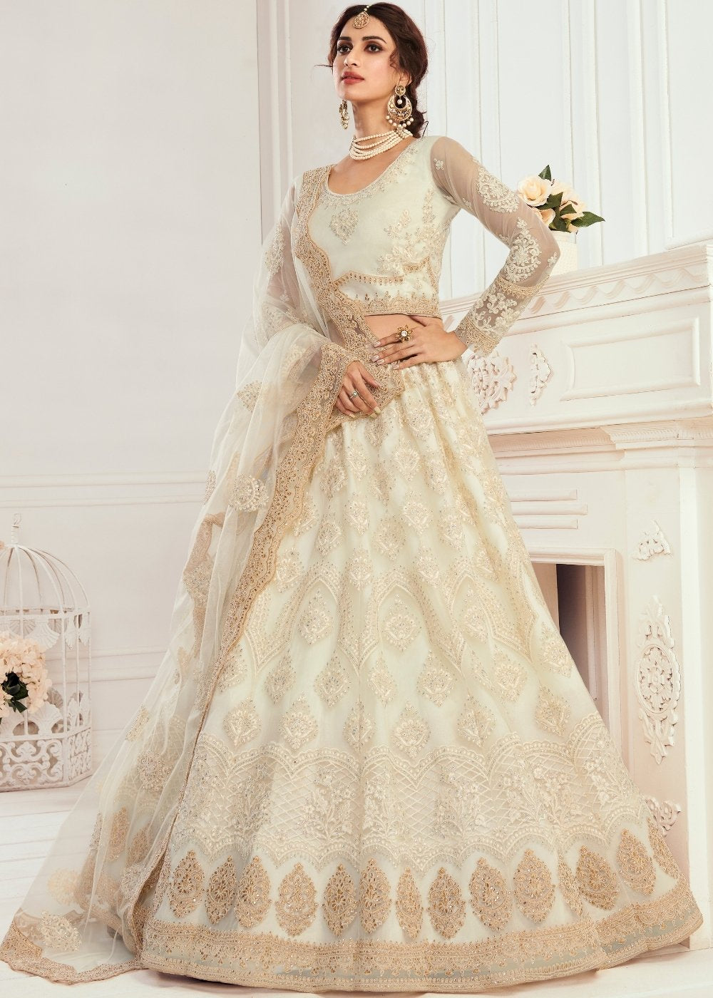Ivory White Soft Net Lehenga Choli with Cording, Stonework, Thread & Zari Embroidery | Ready To Wear - qivii