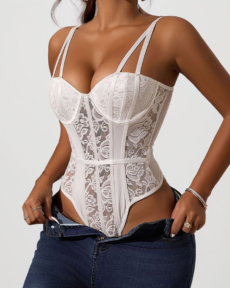 Women's Sexy Lace Patchwork Bodysuit Mesh Bustier Breathable Overbust Shapewear - By Qivii