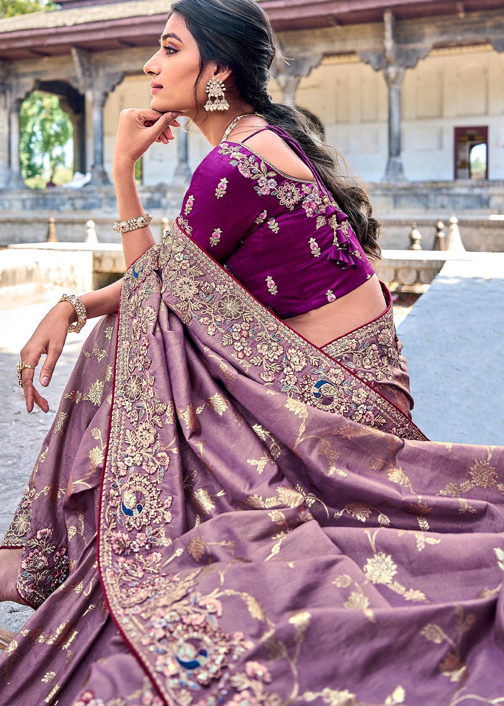 Iris Purple Tissue Silk Saree with Stone & Embroidery cut Work Border(Pre-Order) - qivii