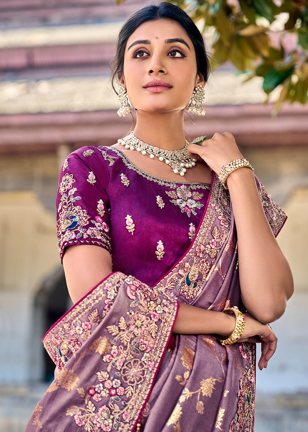 Iris Purple Tissue Silk Saree with Stone & Embroidery cut Work Border(Pre-Order) - qivii