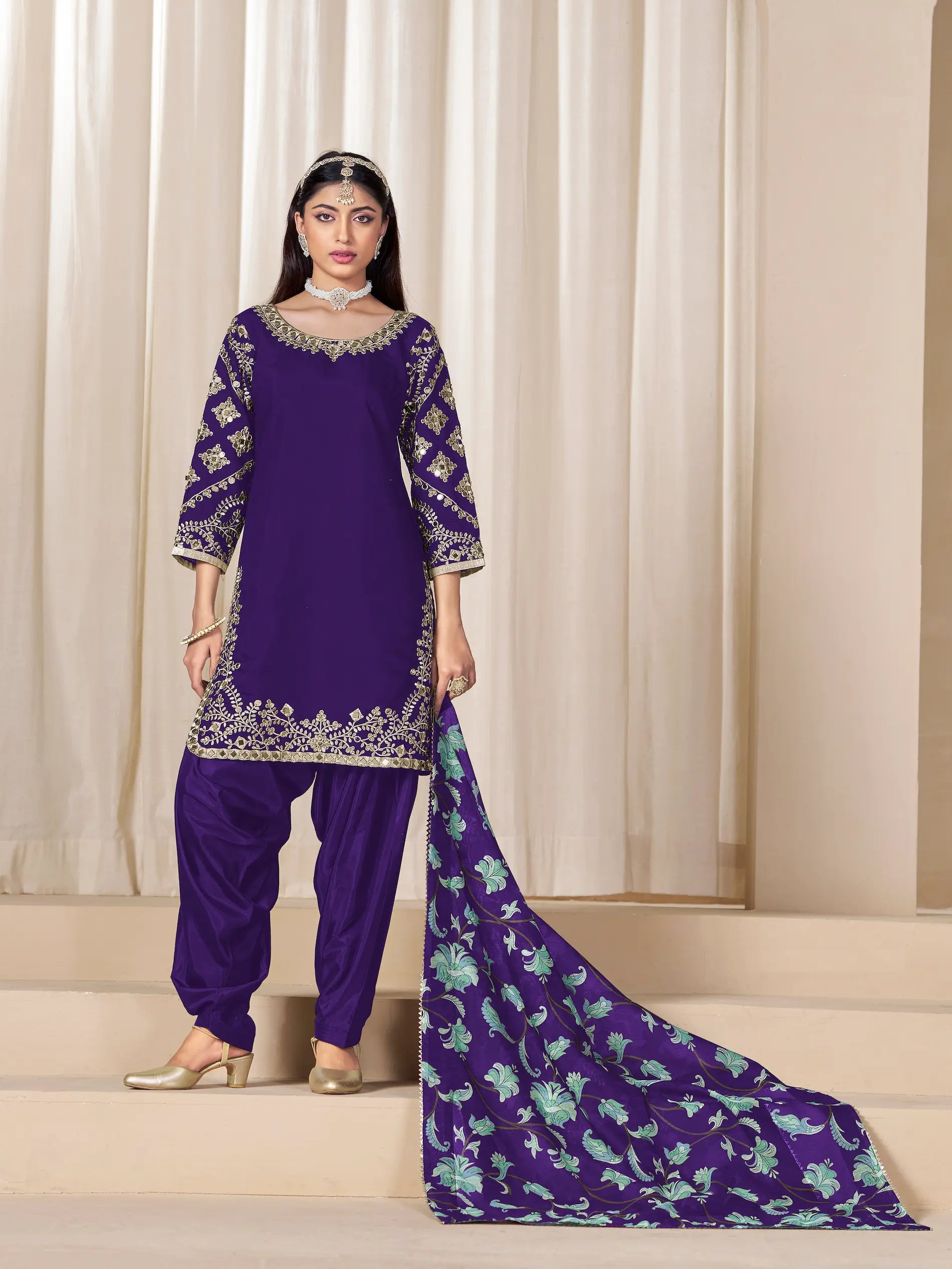 Purple Roman Silk Embroidery Work Salwar Suit - qivii