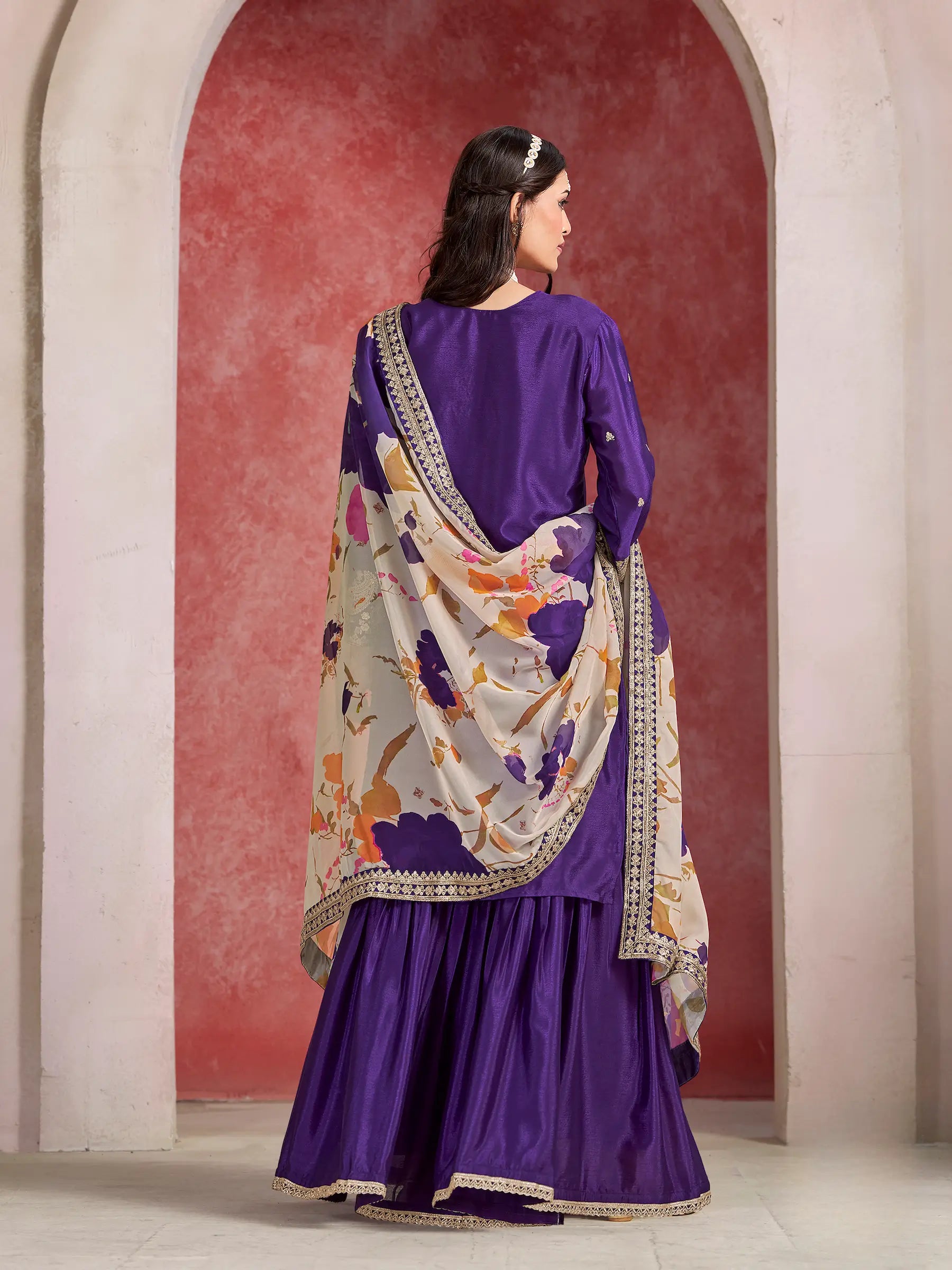 Purple Chinon Embroidery Salwar suit With Organza Dupatta - qivii