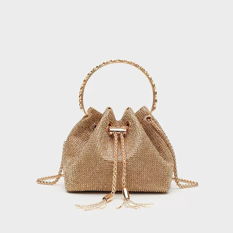 Women's Celestial Cache Bucket - Crystal-Encrusted Drawstring Minaudière with Detachable Constellation Chain
