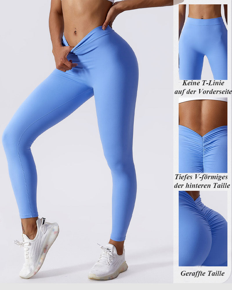 Sculpting V-Back Ruched Leggings Peach Butt Lifting Yoga Pants - By Qivii