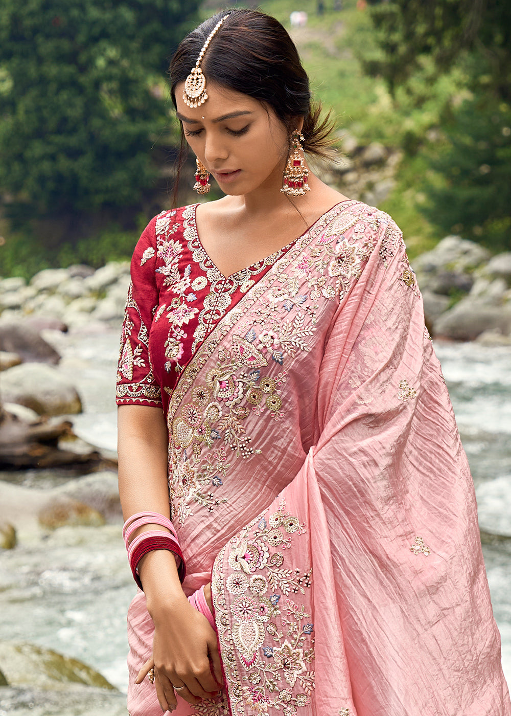 Peach Pink Crackle Crush Silk Saree with Intricate Embroidery work(Pre-Order) - qivii