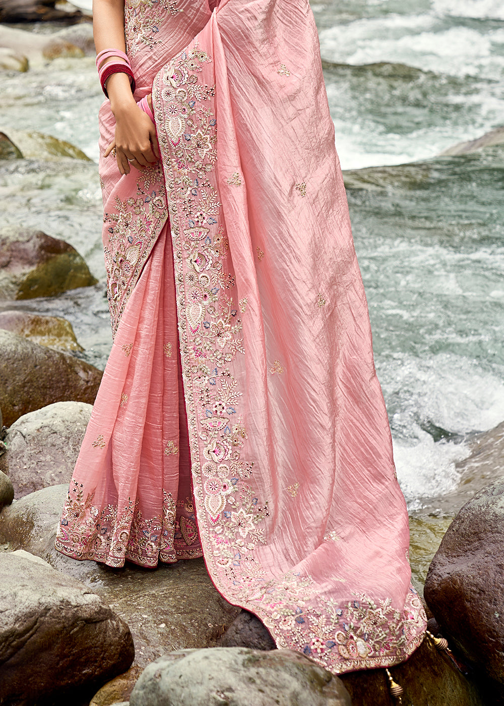 Peach Pink Crackle Crush Silk Saree with Intricate Embroidery work(Pre-Order) - qivii