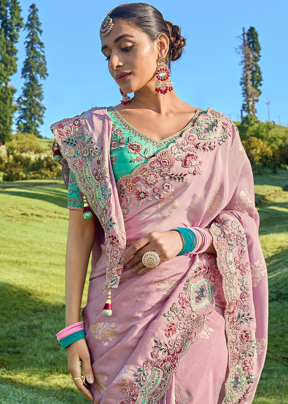Beautiful Pink Viscose Silk Saree with Intricate Embroidery work - qivii