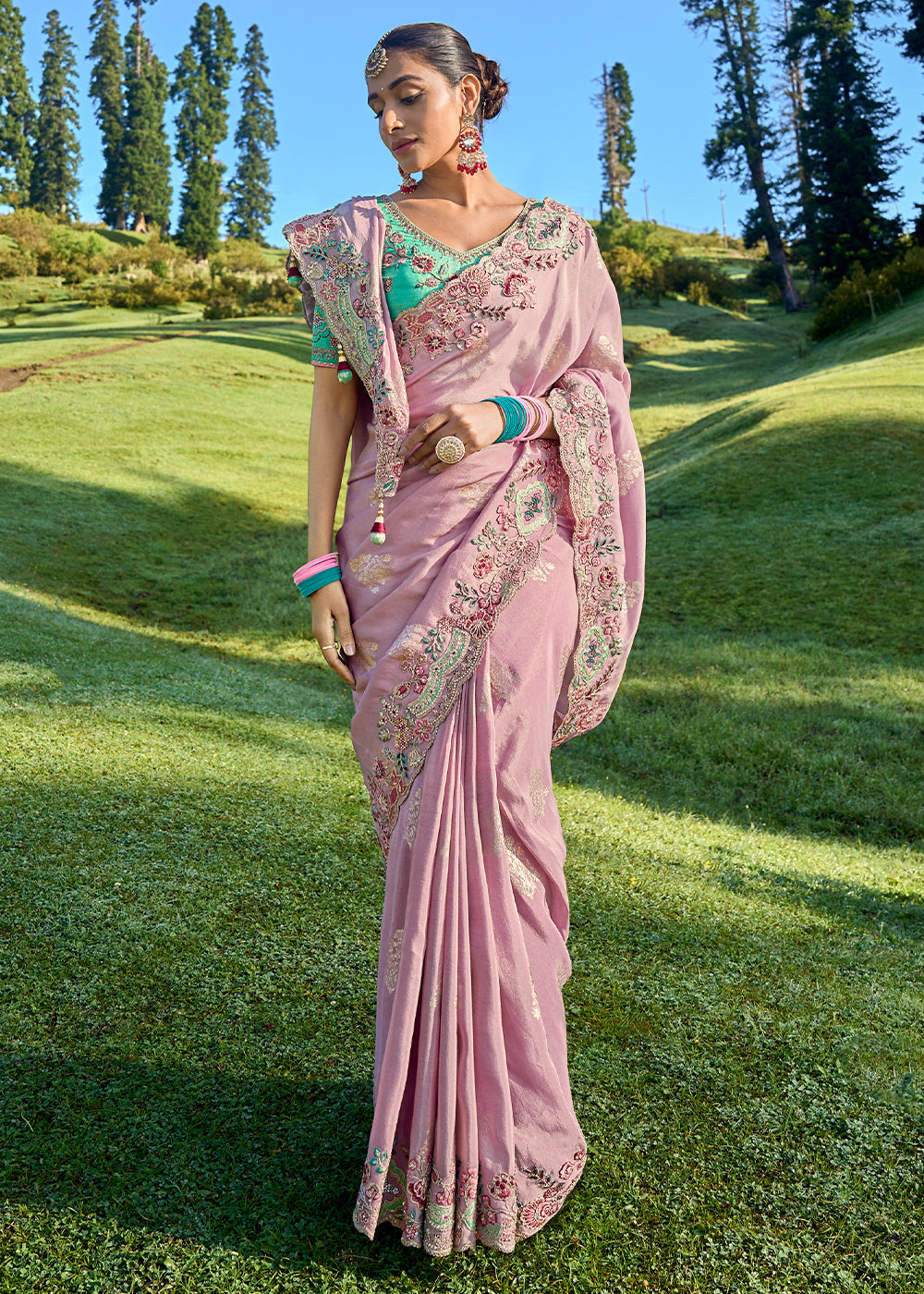 Beautiful Pink Viscose Silk Saree with Intricate Embroidery work - qivii