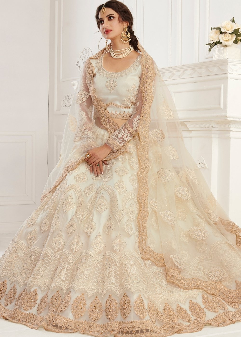 Ivory White Soft Net Lehenga Choli with Cording, Stonework, Thread & Zari Embroidery | Ready To Wear - qivii