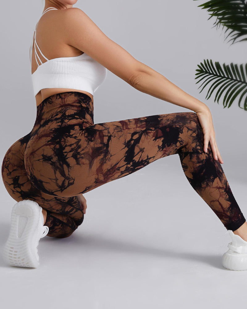 Seamless High Stretchy Tie Dye Scrunch Butt Lifting Wideband Waist Yoga Pants - By Qivii
