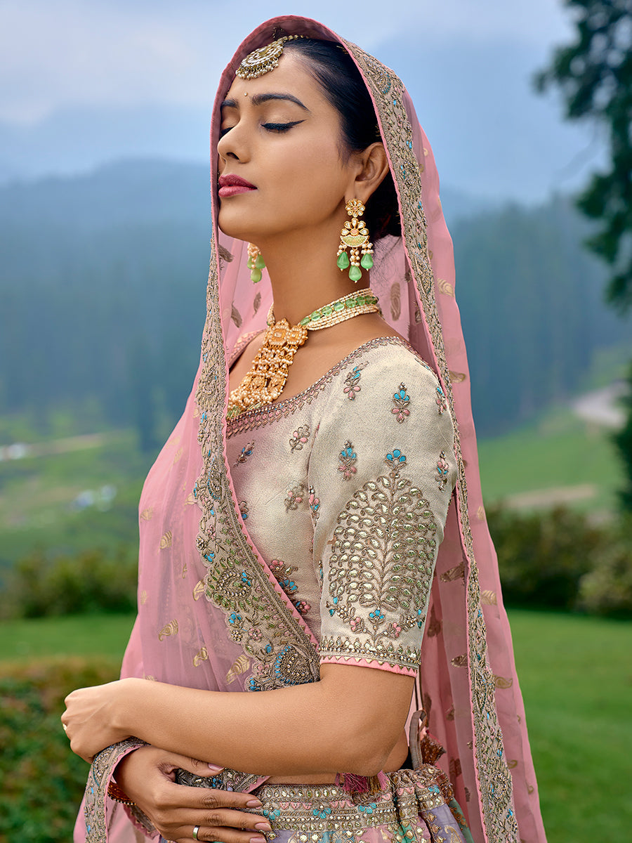 Multi-Color Organza Hand Work Embroidered Semi Stitched Lehenga Choli - qivii