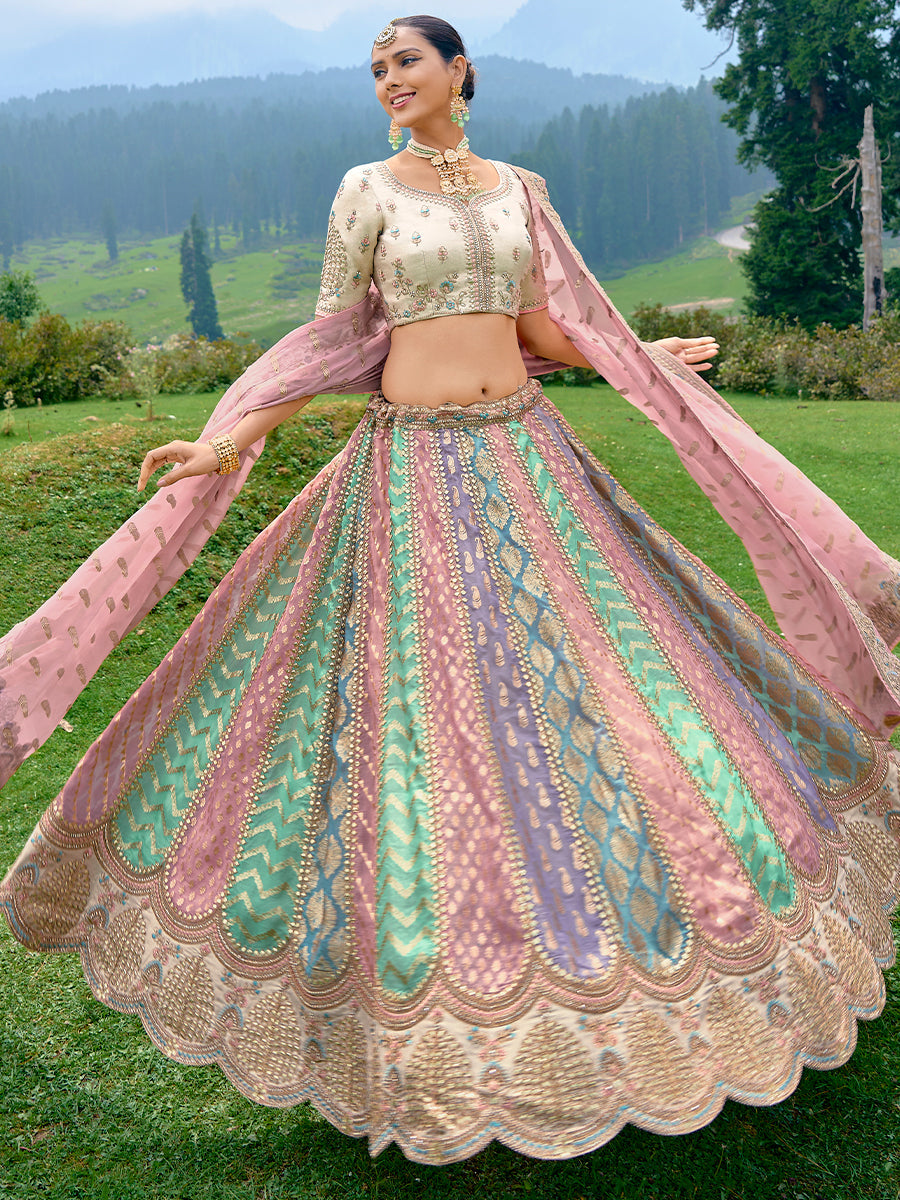 Multi-Color Organza Hand Work Embroidered Semi Stitched Lehenga Choli - qivii