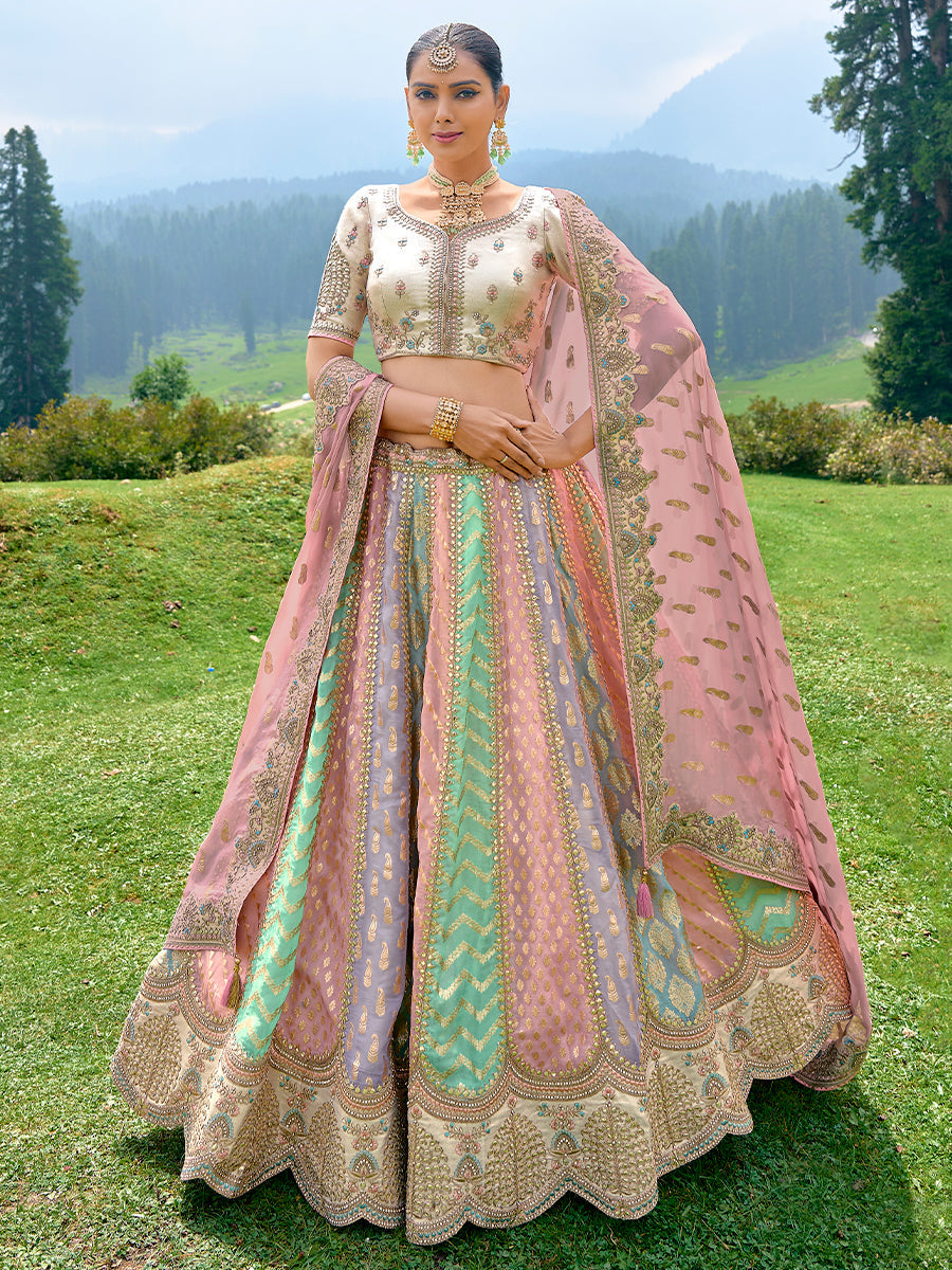 Multi-Color Organza Hand Work Embroidered Semi Stitched Lehenga Choli - qivii