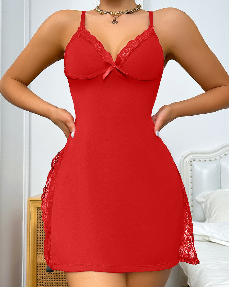 Sexy Lace Trim Slit Lingerie Sleeping Dress Body Shaping Bow Cami Midi Nightgown - By Qivii