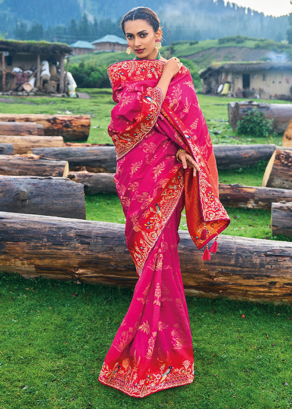 Magenta Pink Dola Silk Saree with Heavy Embroidery work - qivii
