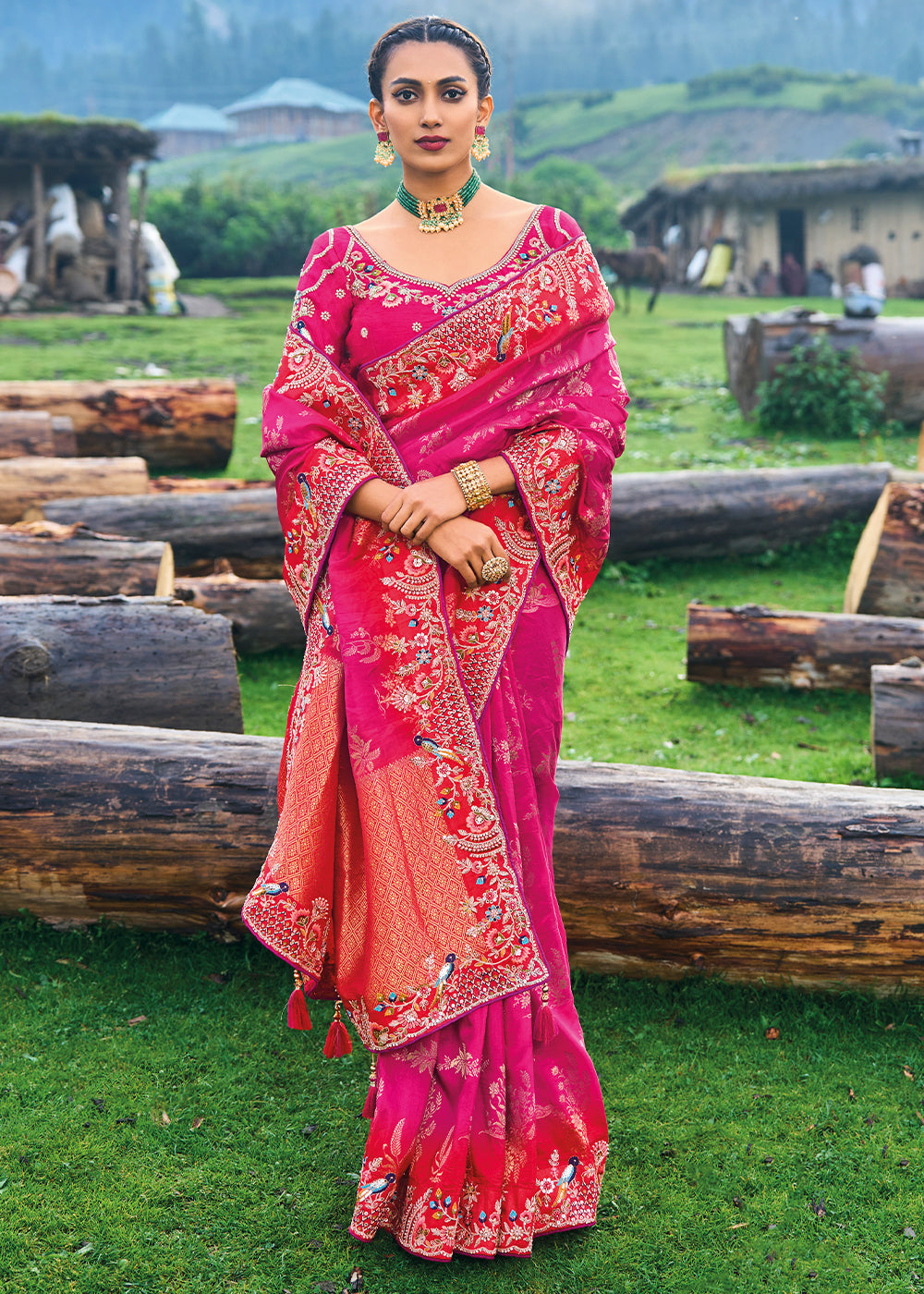 Magenta Pink Dola Silk Saree with Heavy Embroidery work - qivii