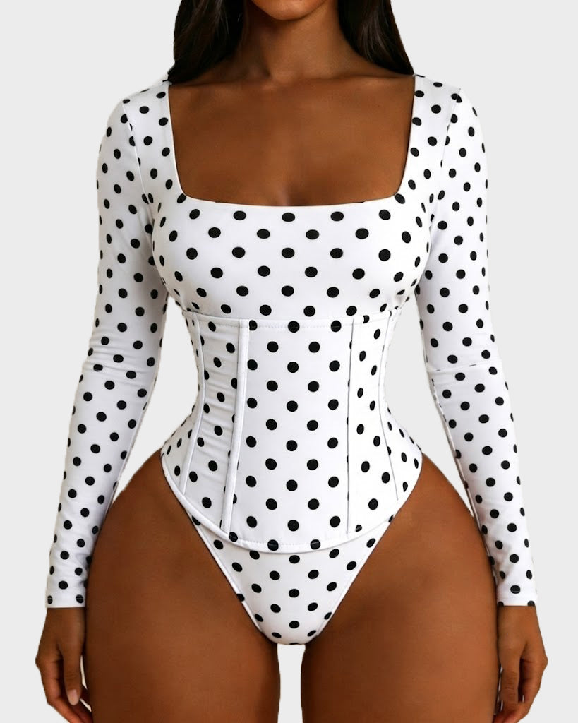 Polka Dot Square Neck Long Sleeve Bodysuit Detachable Corset Two Piece Set