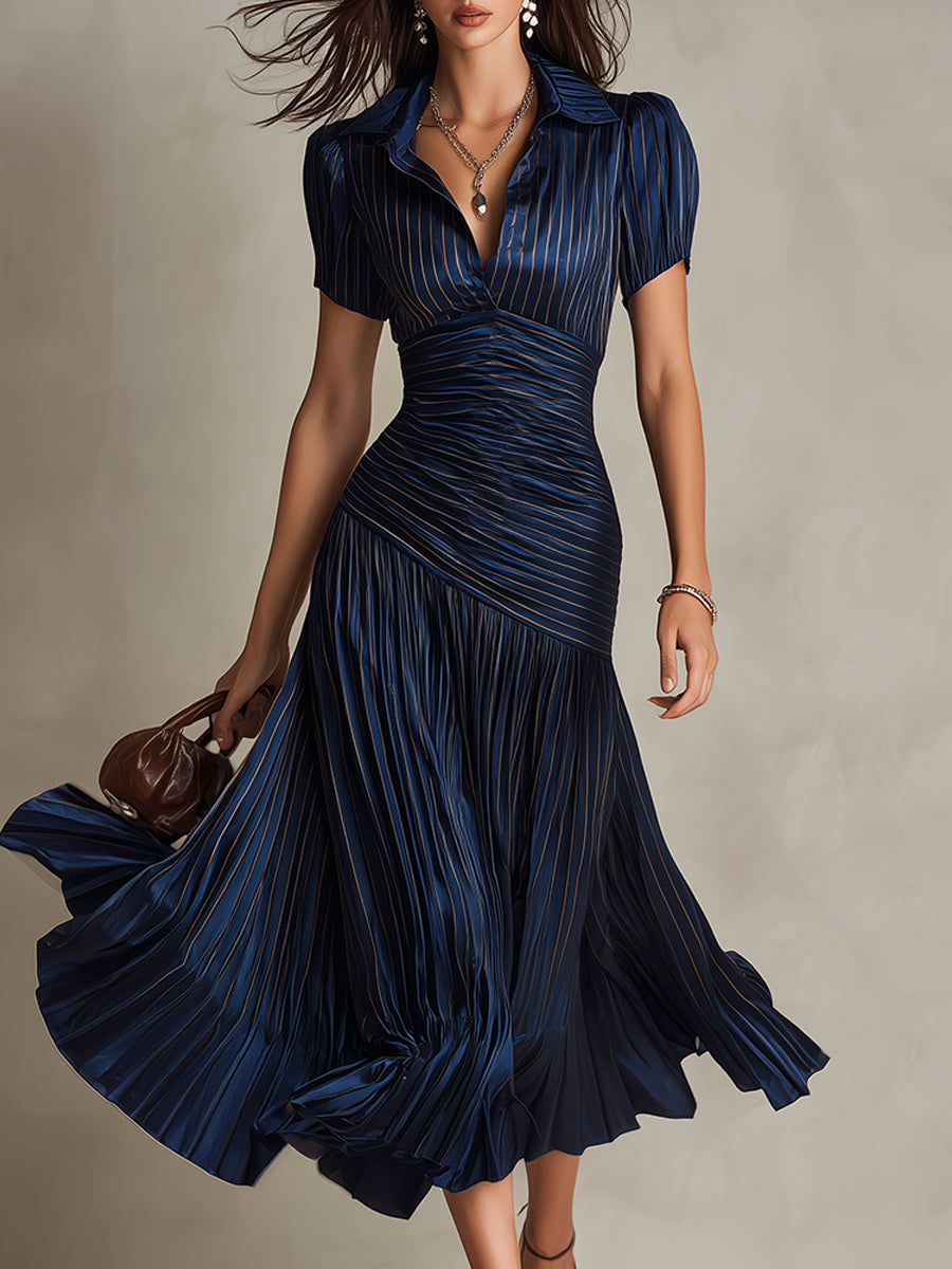 Adriana | Retro Striped Satin Midi Dress by Qivii