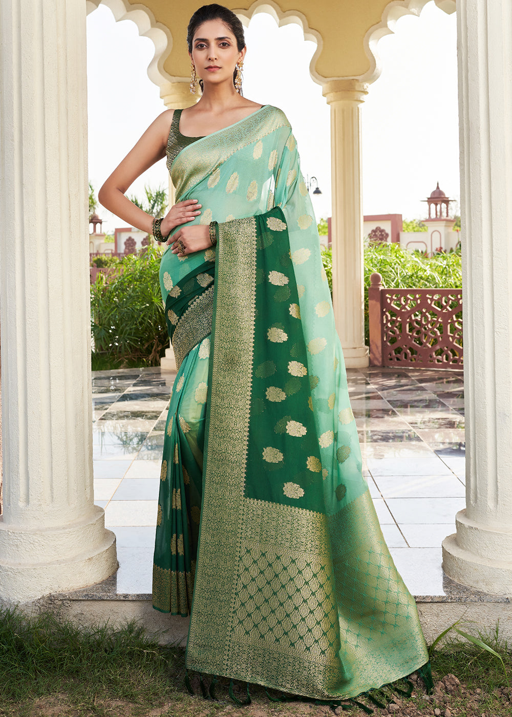 Shades Of Green Zari Woven Georgette Saree - qivii