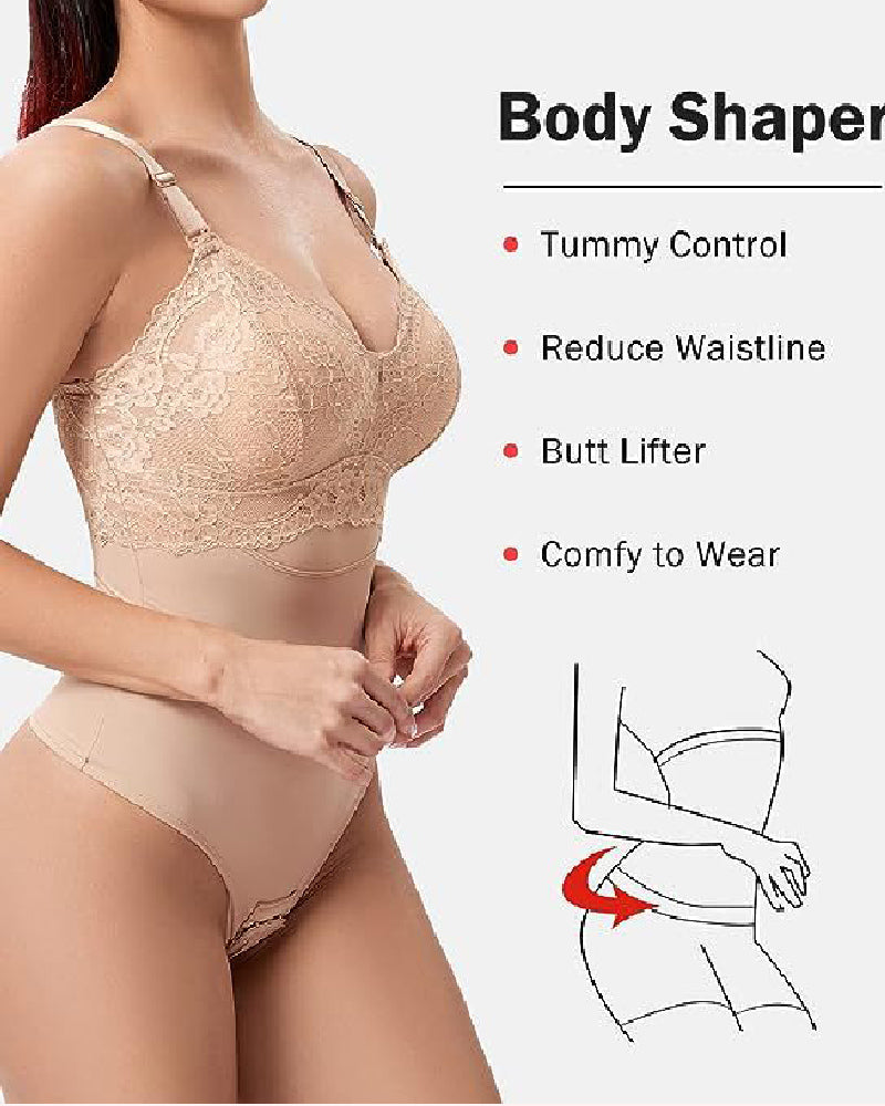 Seamless Lace Slimming Waist Bodysuit Tummy Control Thong Shapewear With Bra - By Qivii