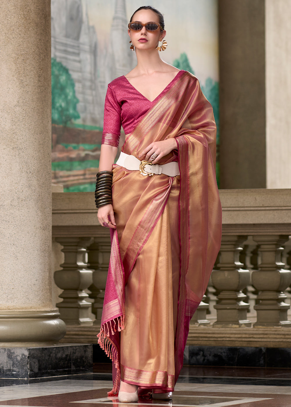Light Brown & Pink Zari Woven Tissue Silk Saree - qivii