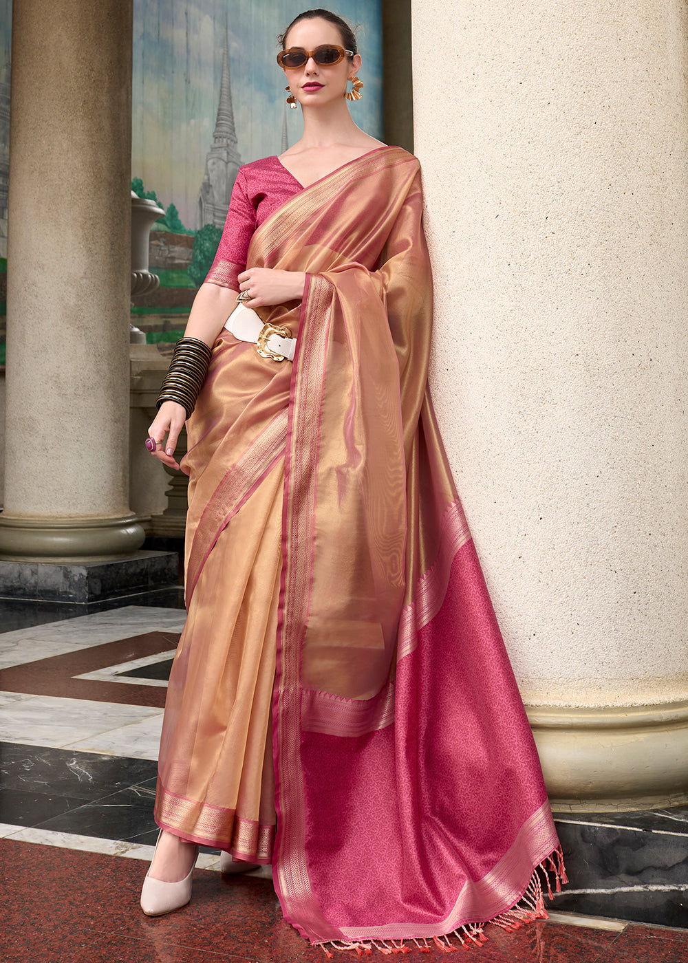 Light Brown & Pink Zari Woven Tissue Silk Saree - qivii