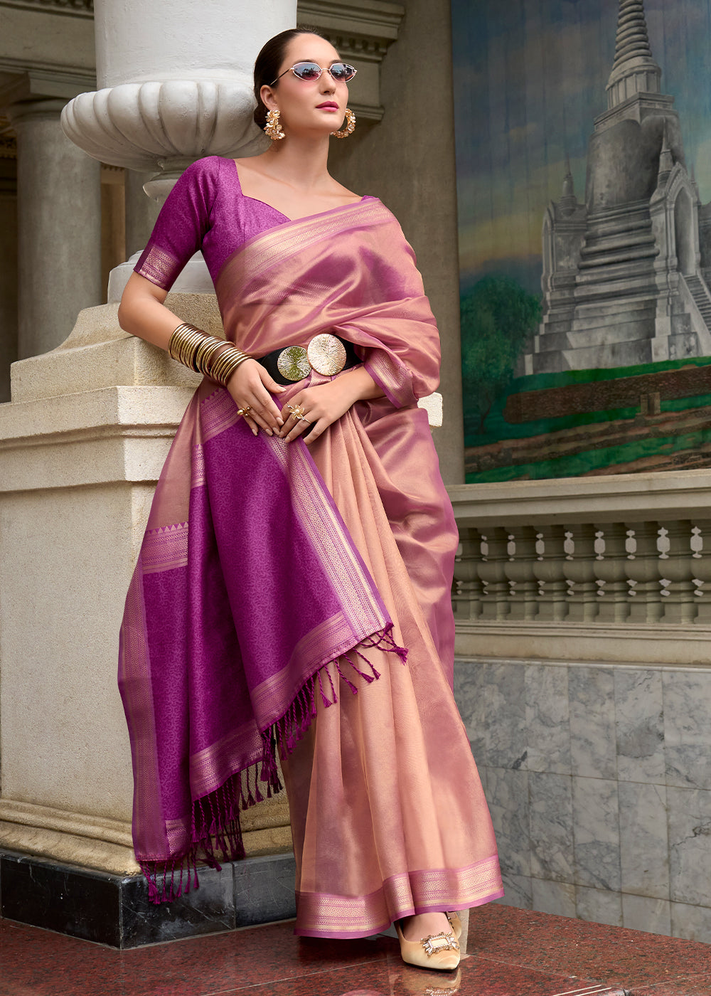 Shades Of Purple Zari Woven Tissue Silk Saree - qivii
