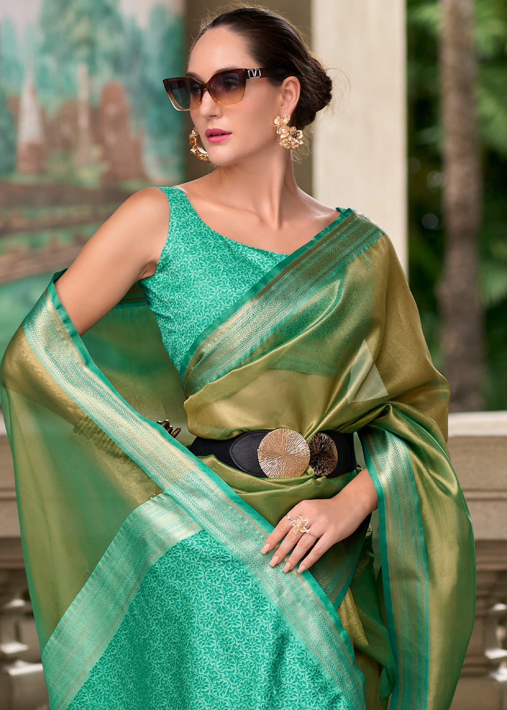 Shades Of Green Zari Woven Tissue Silk Saree - qivii