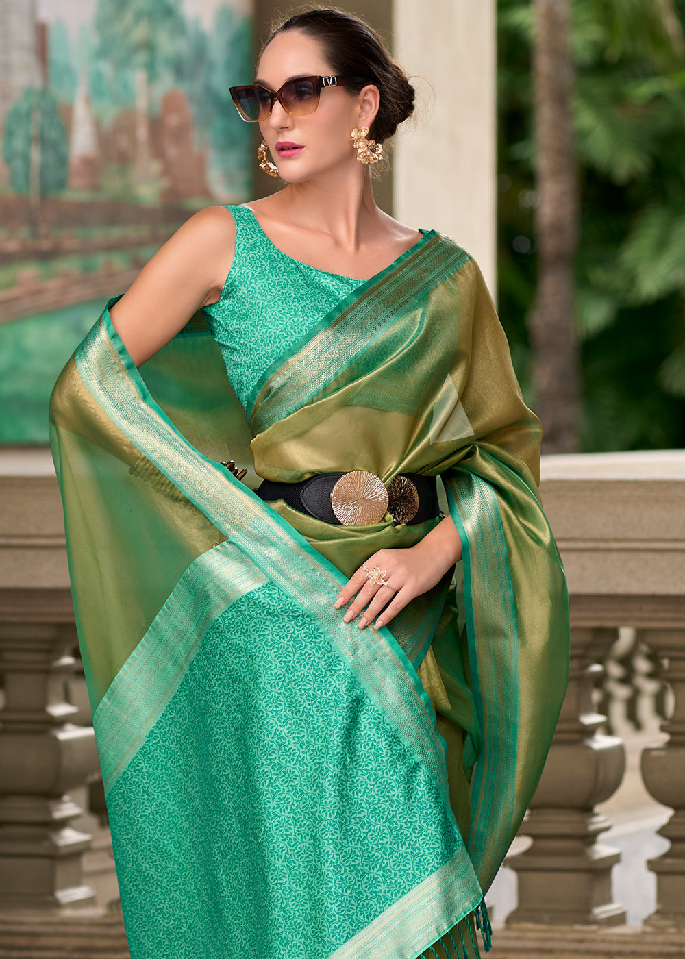 Shades Of Green Zari Woven Tissue Silk Saree - qivii