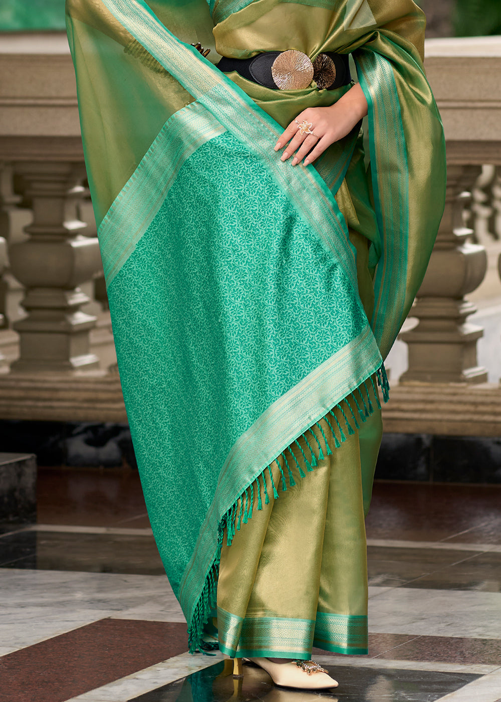 Shades Of Green Zari Woven Tissue Silk Saree - qivii