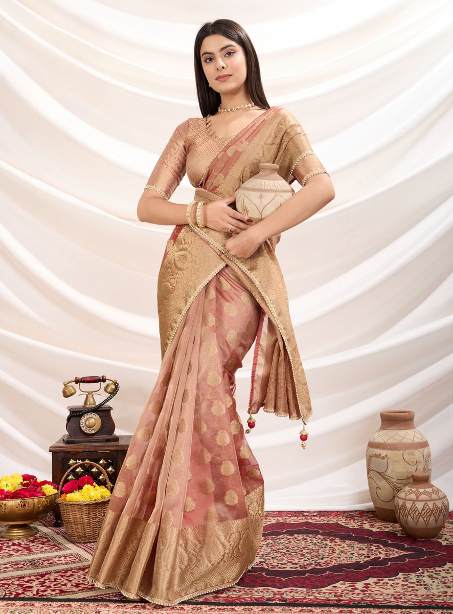 Peach Crush Tissue Silk With Zari Woven Saree - qivii