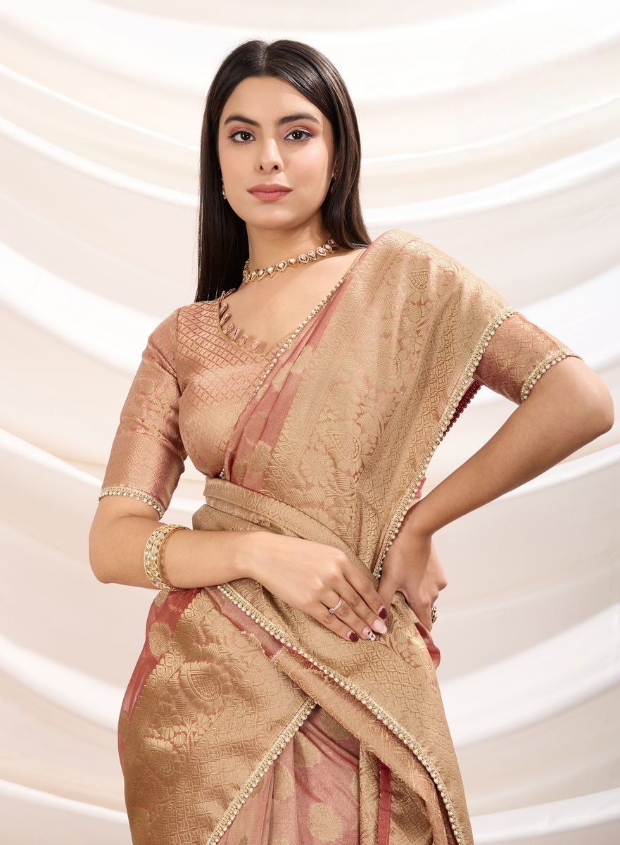 Peach Crush Tissue Silk With Zari Woven Saree - qivii