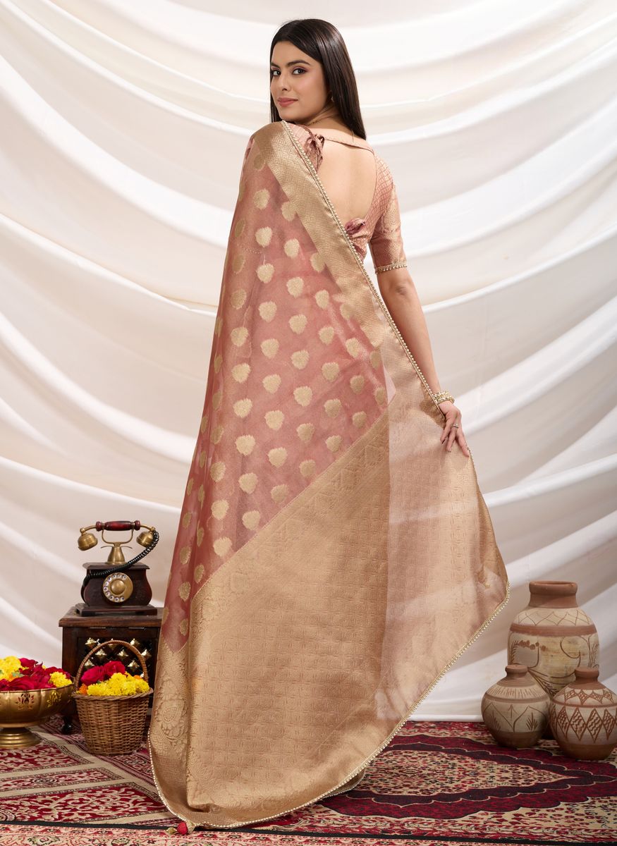 Peach Crush Tissue Silk With Zari Woven Saree - qivii