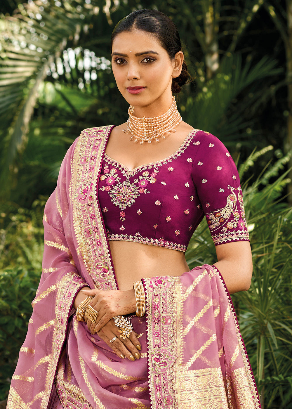 Shades Of Purple Crepe Georgette Lehenga with Embroidery, Thread work & Jacquard Butti all over | Ready To Wear - qivii