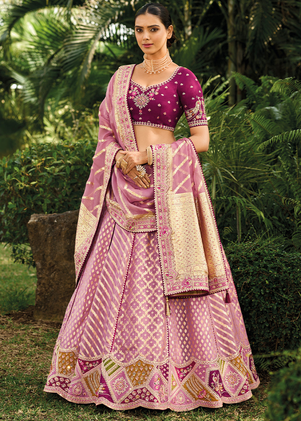Shades Of Purple Crepe Georgette Lehenga with Embroidery, Thread work & Jacquard Butti all over | Ready To Wear - qivii