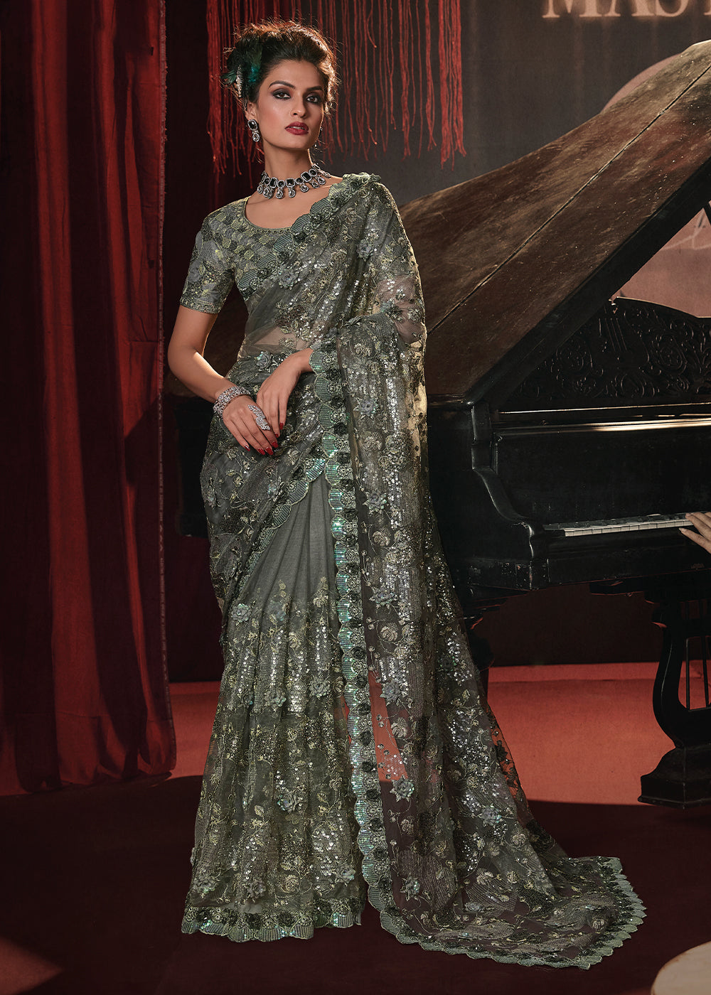 Mehendi Green Digital Net Saree with Sequence and Flower Applique work - qivii