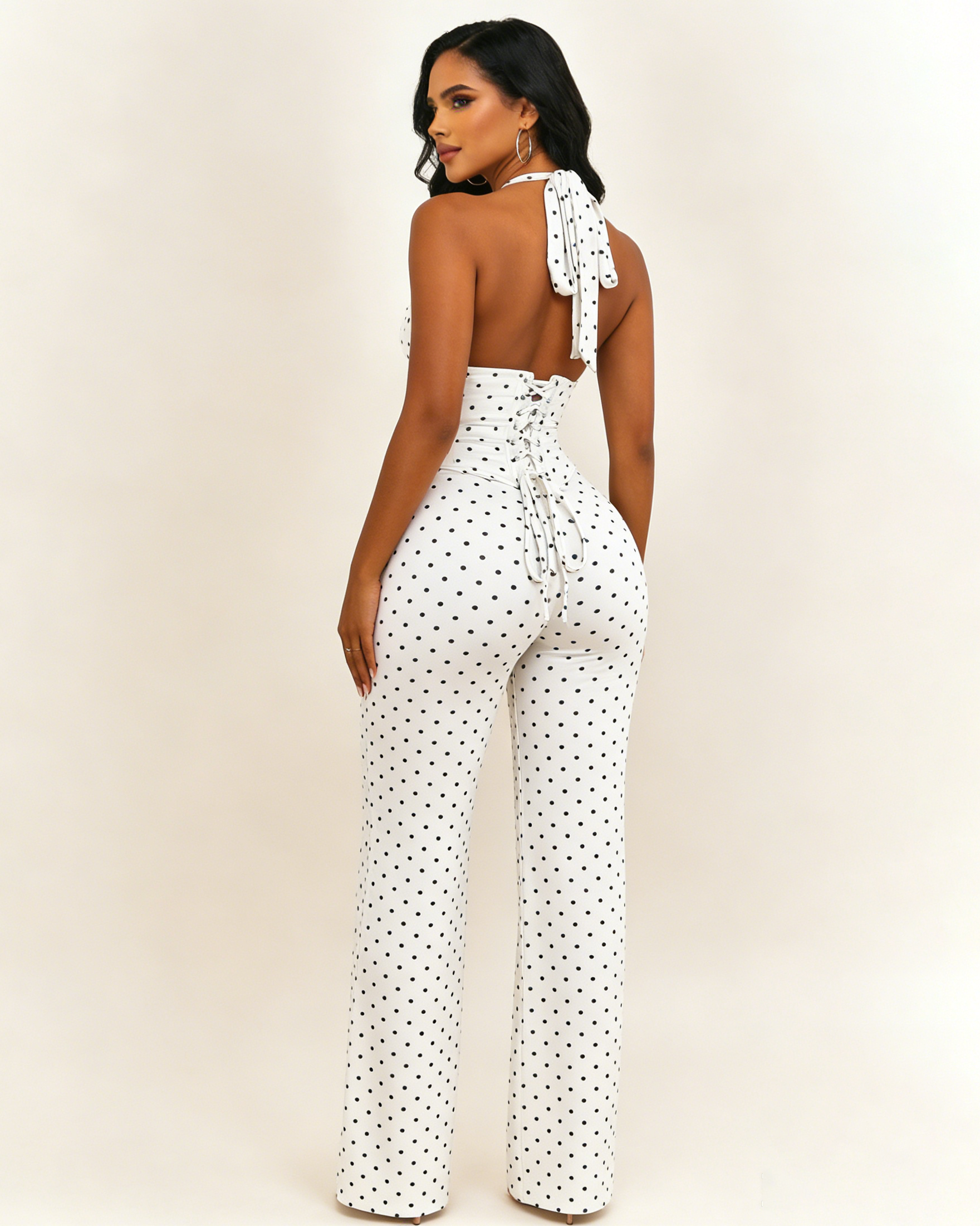 Polk Dot Halter-Neck Backless Detachable Corset Wide-leg Jumpsuit Two-Piece Set - By Qivii
