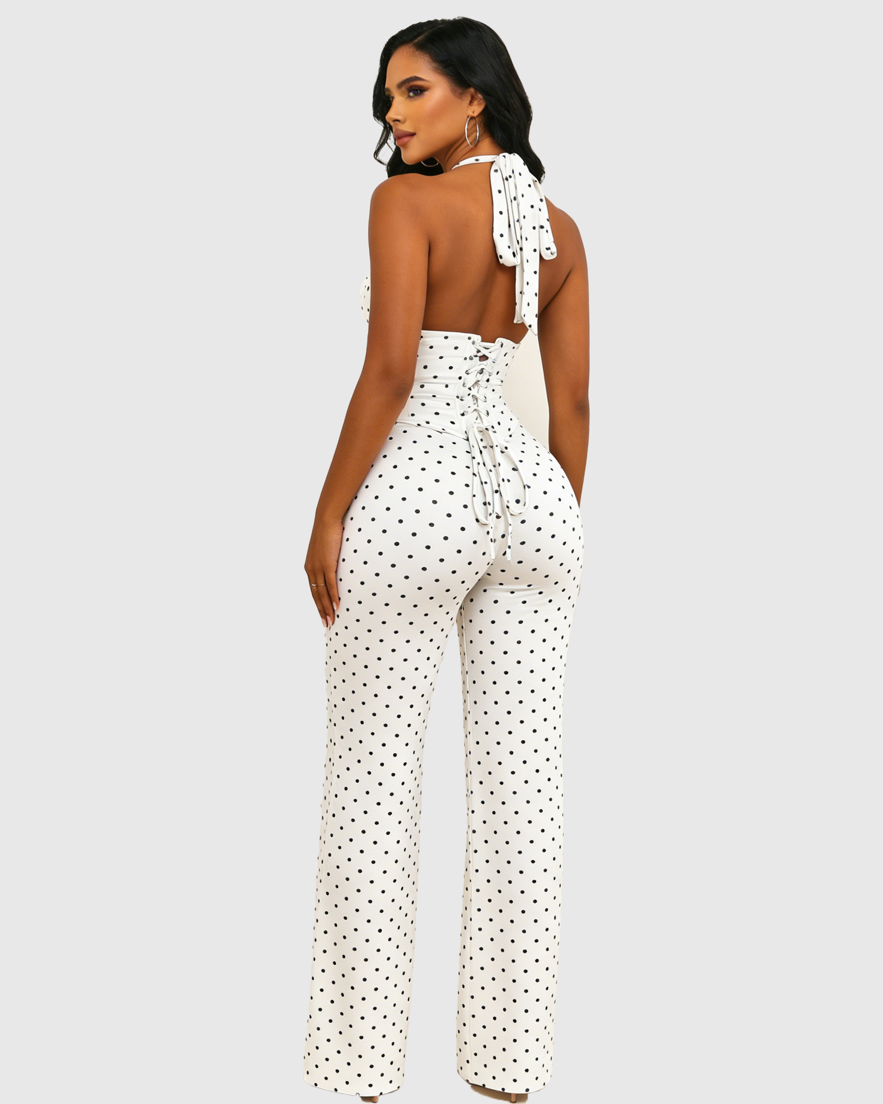Polk Dot Halter-Neck Backless Detachable Corset Wide-leg Jumpsuit Two-Piece Set - By Qivii