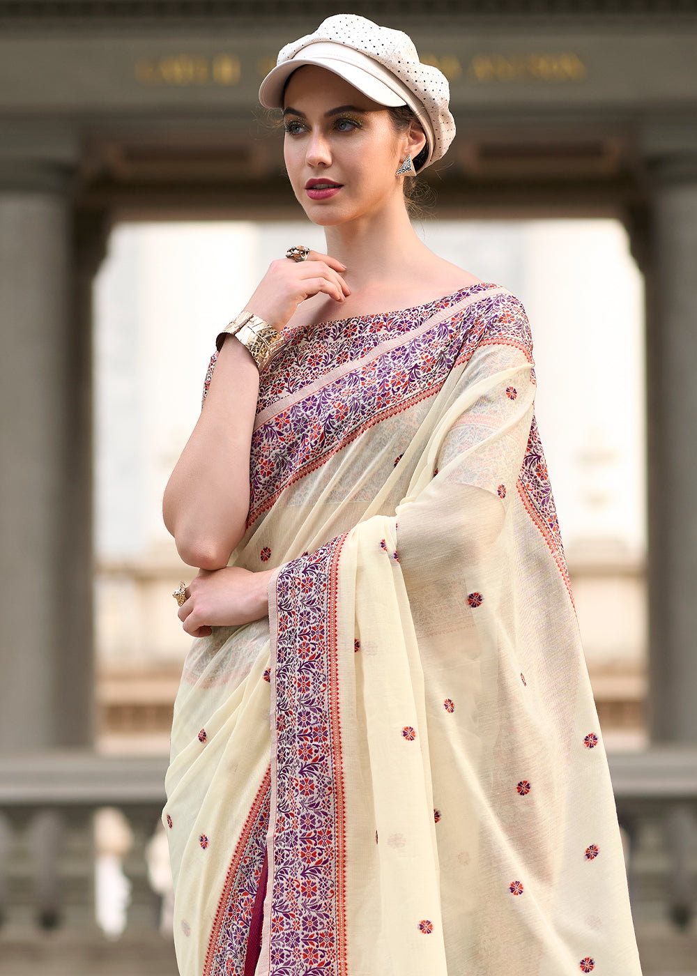 Cream White Linen Silk Saree - qivii