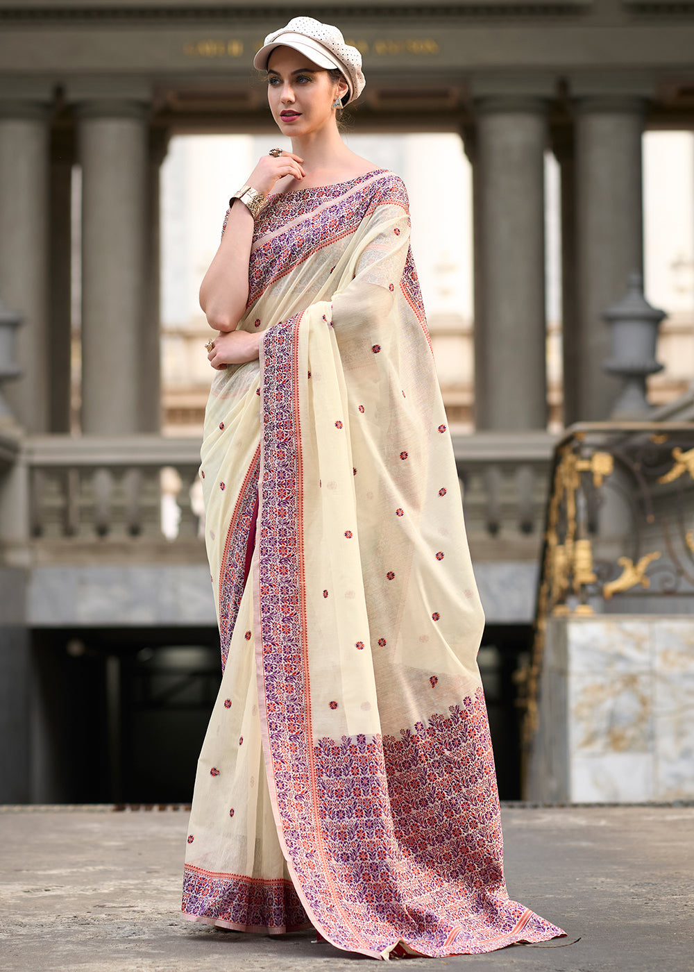Cream White Linen Silk Saree - qivii