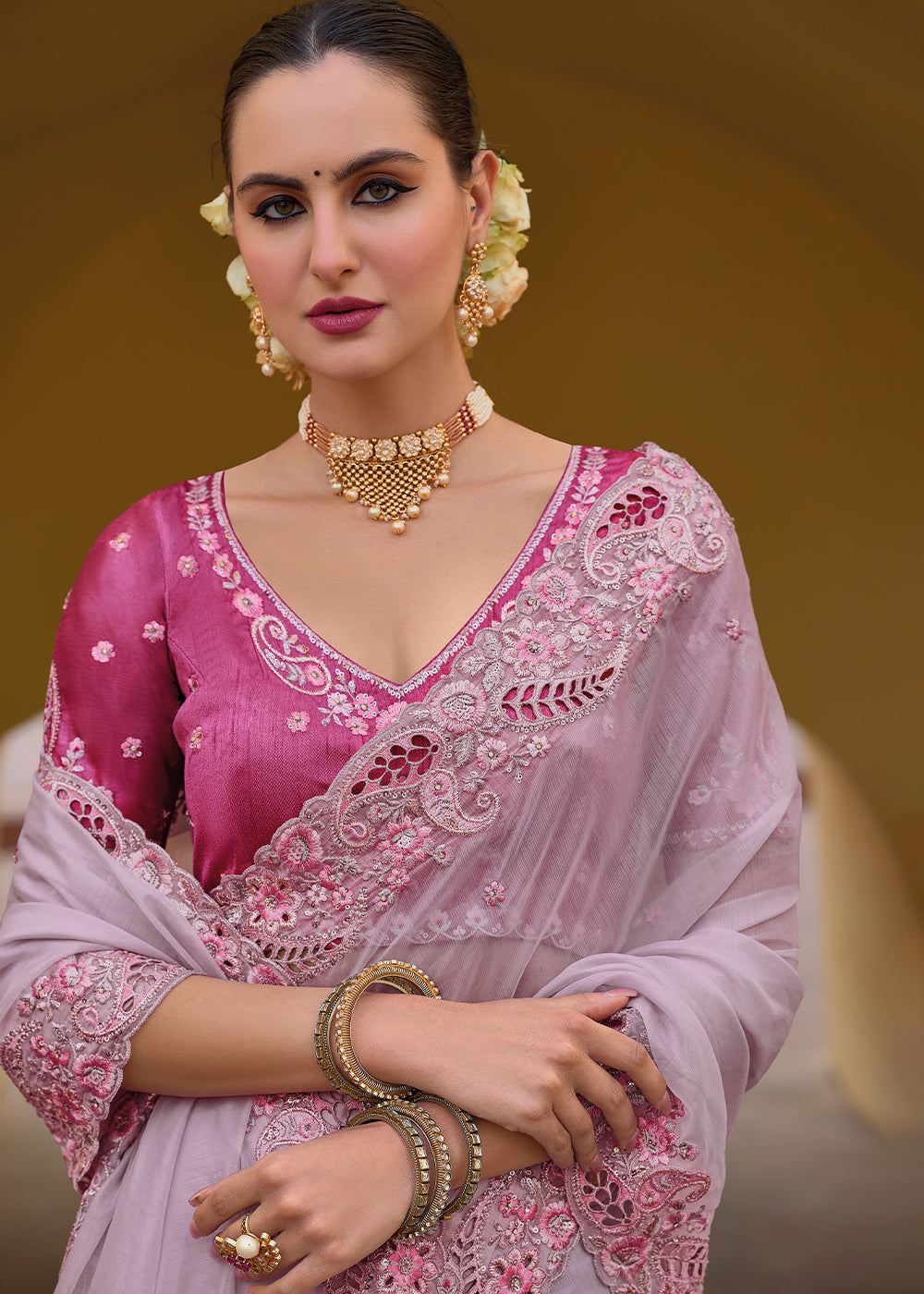 Light Lilac Purple Tissue Organza Silk with Embroidery Cut Work Border, Stone & Sequence work - qivii