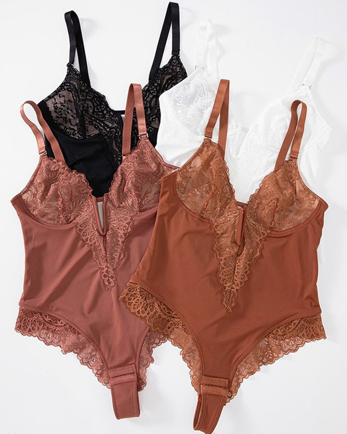 Sexy Lace Deep-V Neck Bodysuits - By Qivii