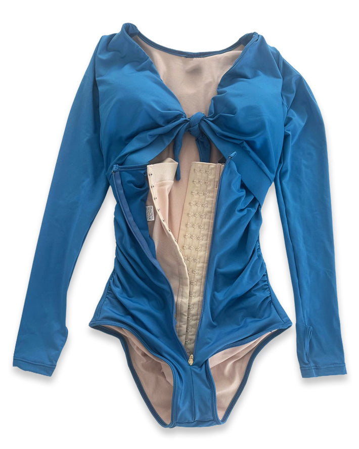 Shapshe® Blue Long Sleeve Built In Shapewear Tummy Cotrol Girdle Swimsuit - By Qivii