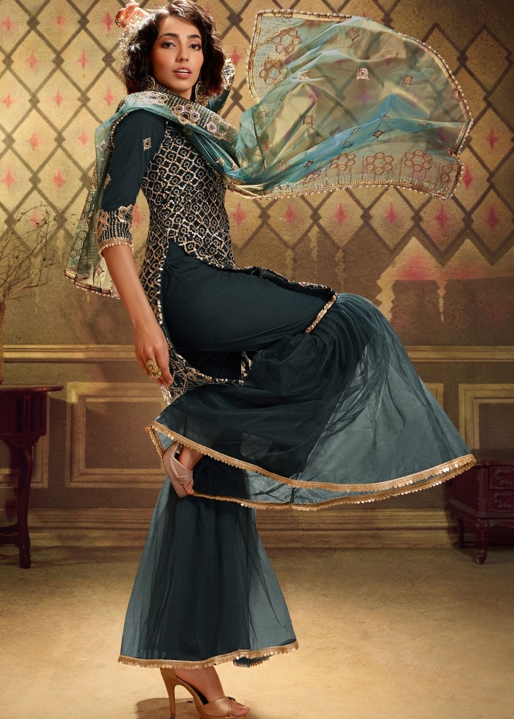 Rama Green Designer Soft Net Sharara Suit with overall Sequins work - qivii