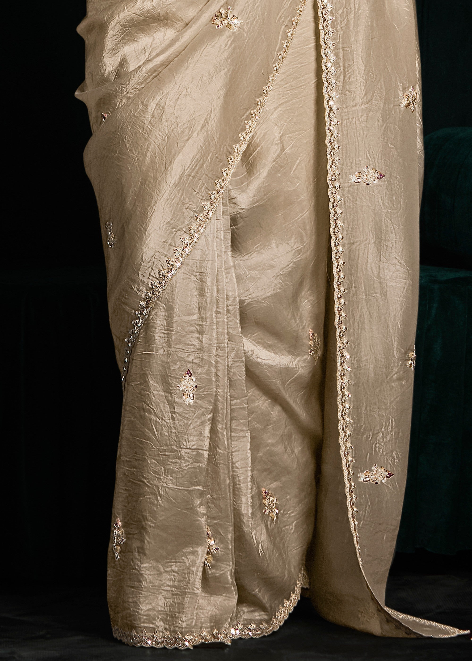 Beige Golden Fancy Fabric Silk Saree With Sequins And Thread Embroidered Butti Work - qivii