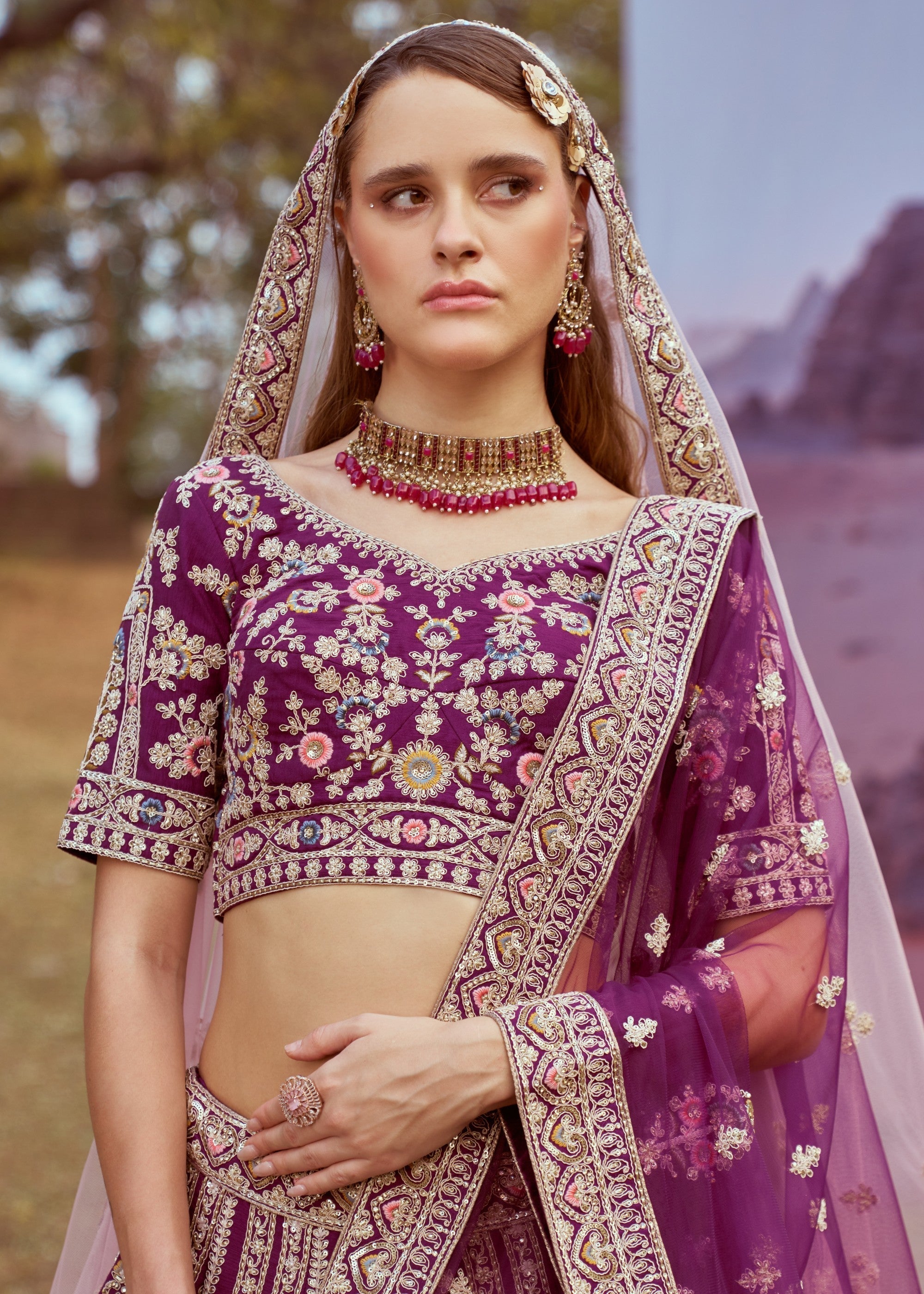 Purple Pure Silk Moti Coding Embroidery Bridal Lehenga | Ready To Wear - qivii
