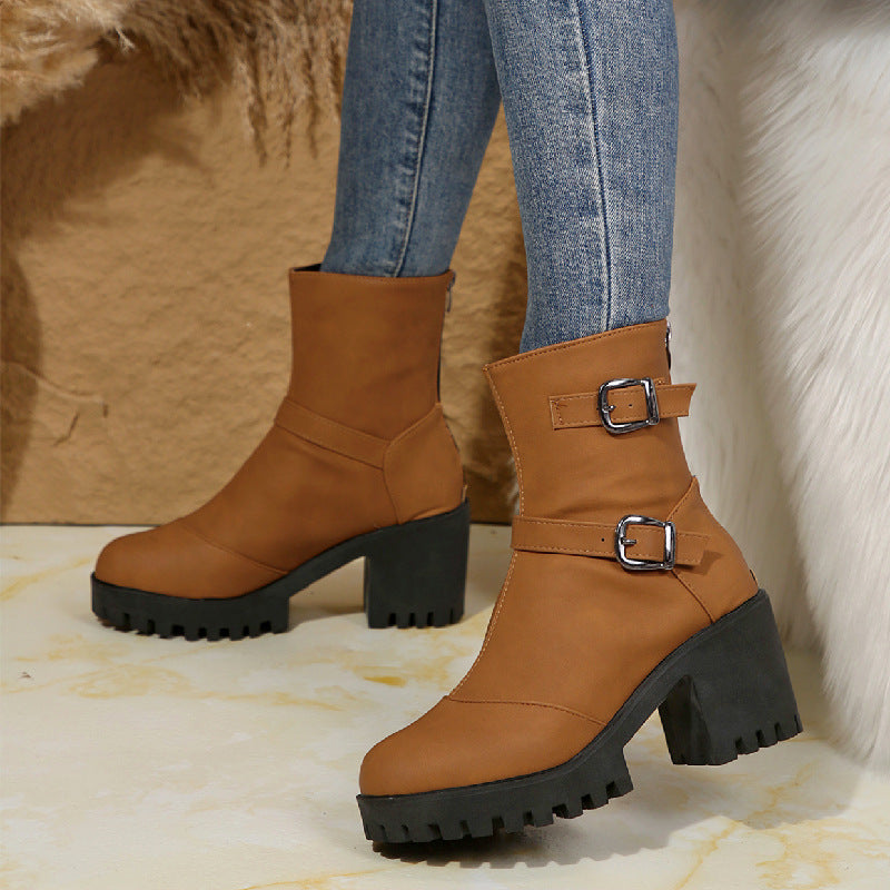 Women's Orvessa ankle boots by Bootara with double buckles, round toe, 6.5 cm block heel, and lug sole in US sizes 5-10.5.