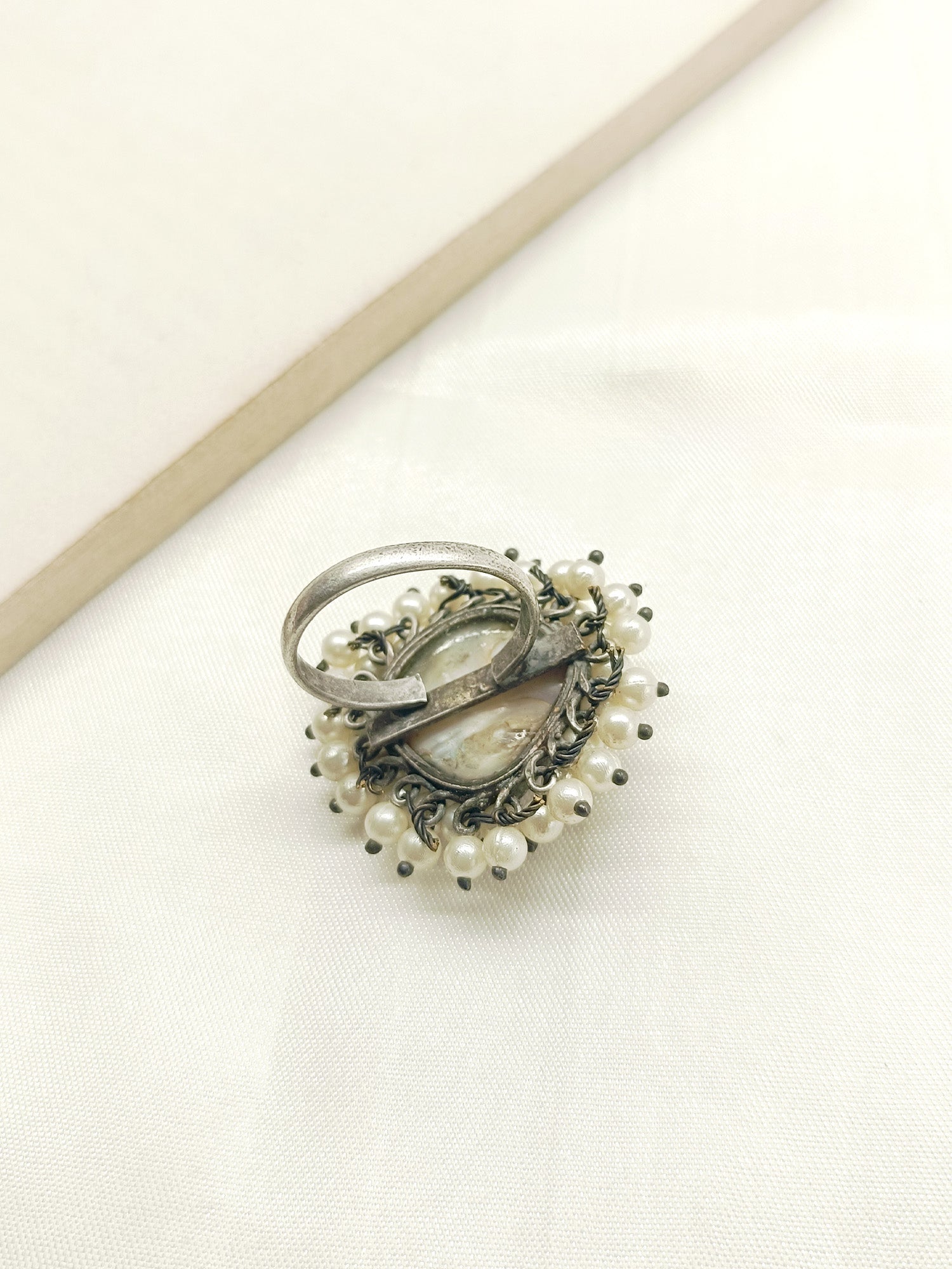 Tessa Cream Mother Of Pearl Oxidized Finger Ring - qivii