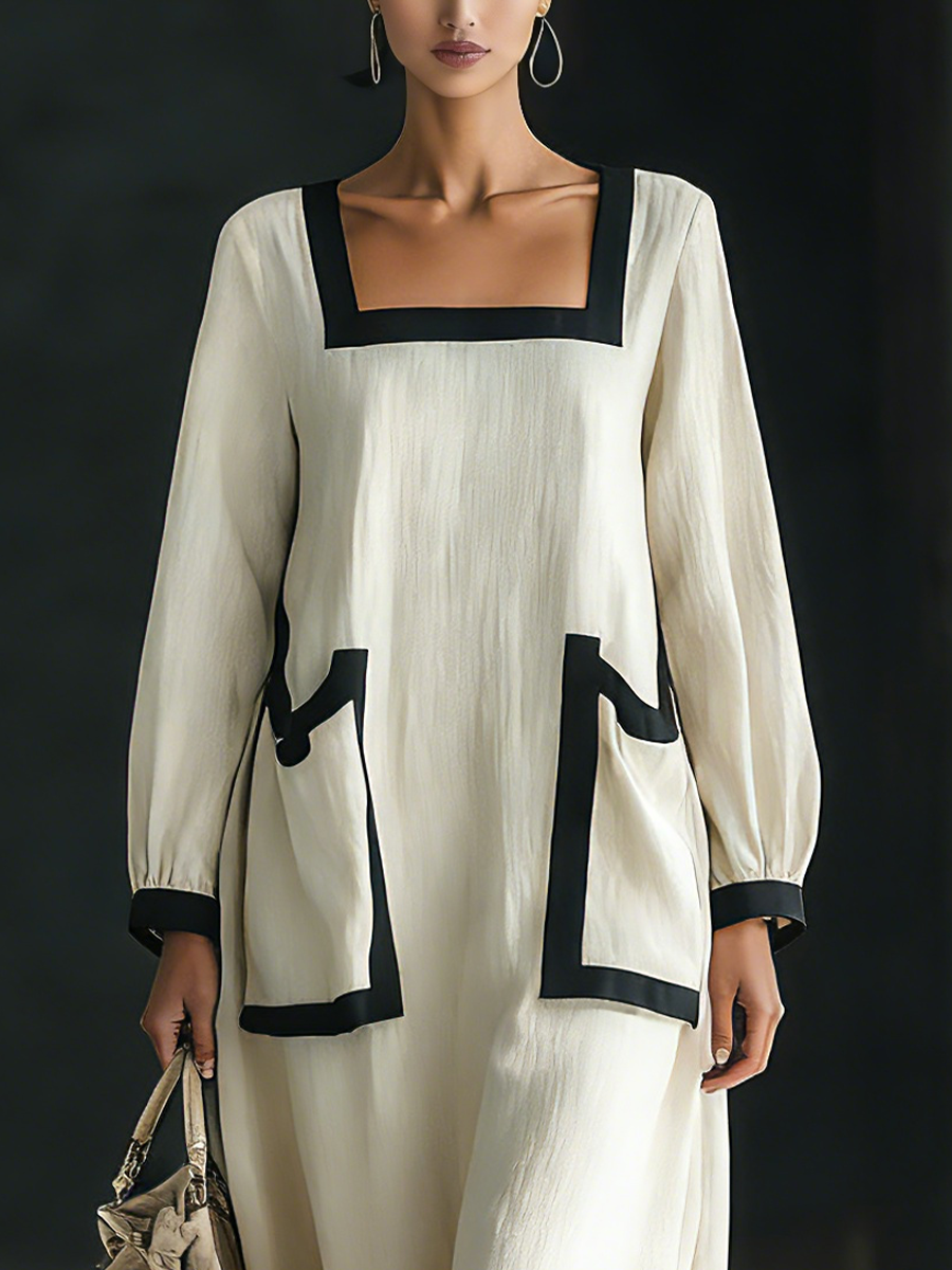 Women's Beige Cotton And Linen Blend Square-Neck Maxi Dress With Black Trim & Oversized Pockets MDZ1507A0T